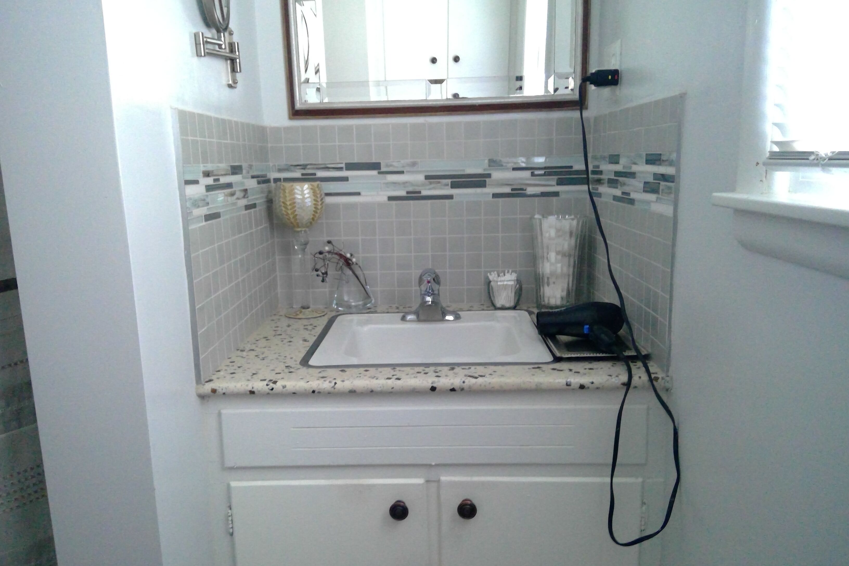 Hair dryer, towels, soap, toilet paper