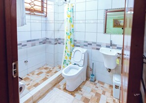 Regadera, toallas, jabón, papel de baño