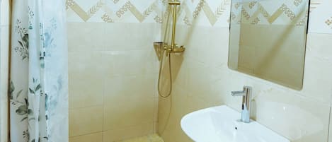 Shower, towels, soap, toilet paper