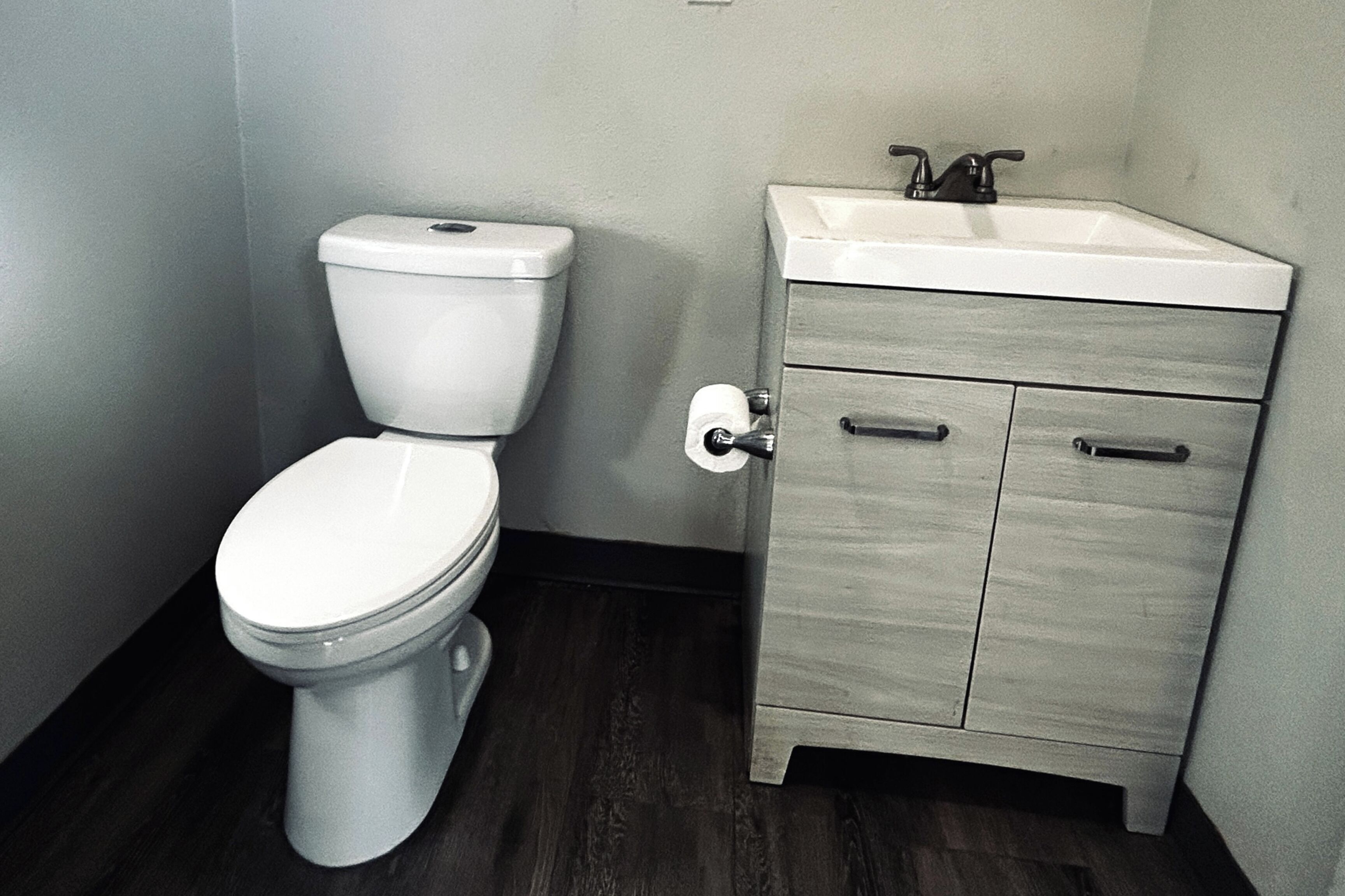 Un baño con inodoro y un mueble de madera con lavamanos.