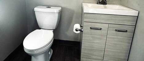Un baño con inodoro y un mueble de madera con lavamanos.
