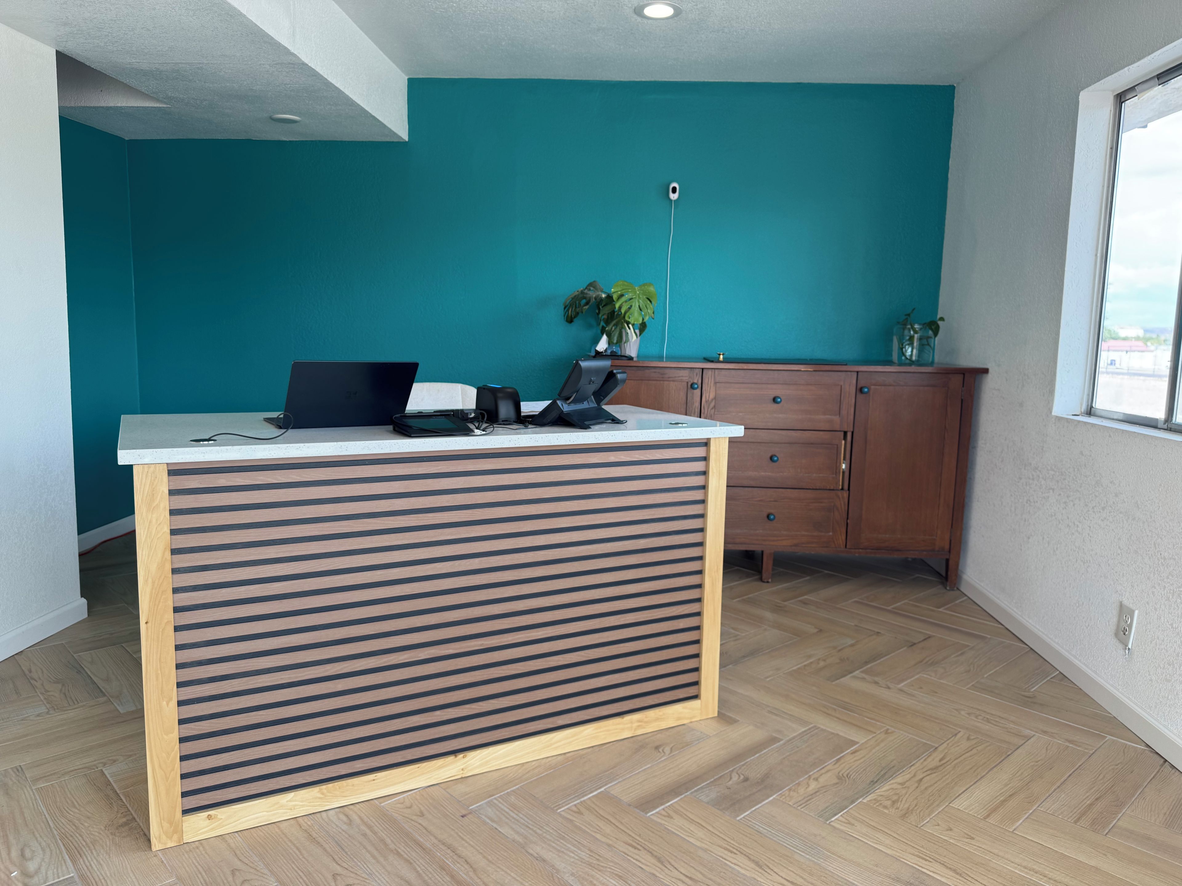 A modern office space with a wooden desk, a laptop, and a plant.