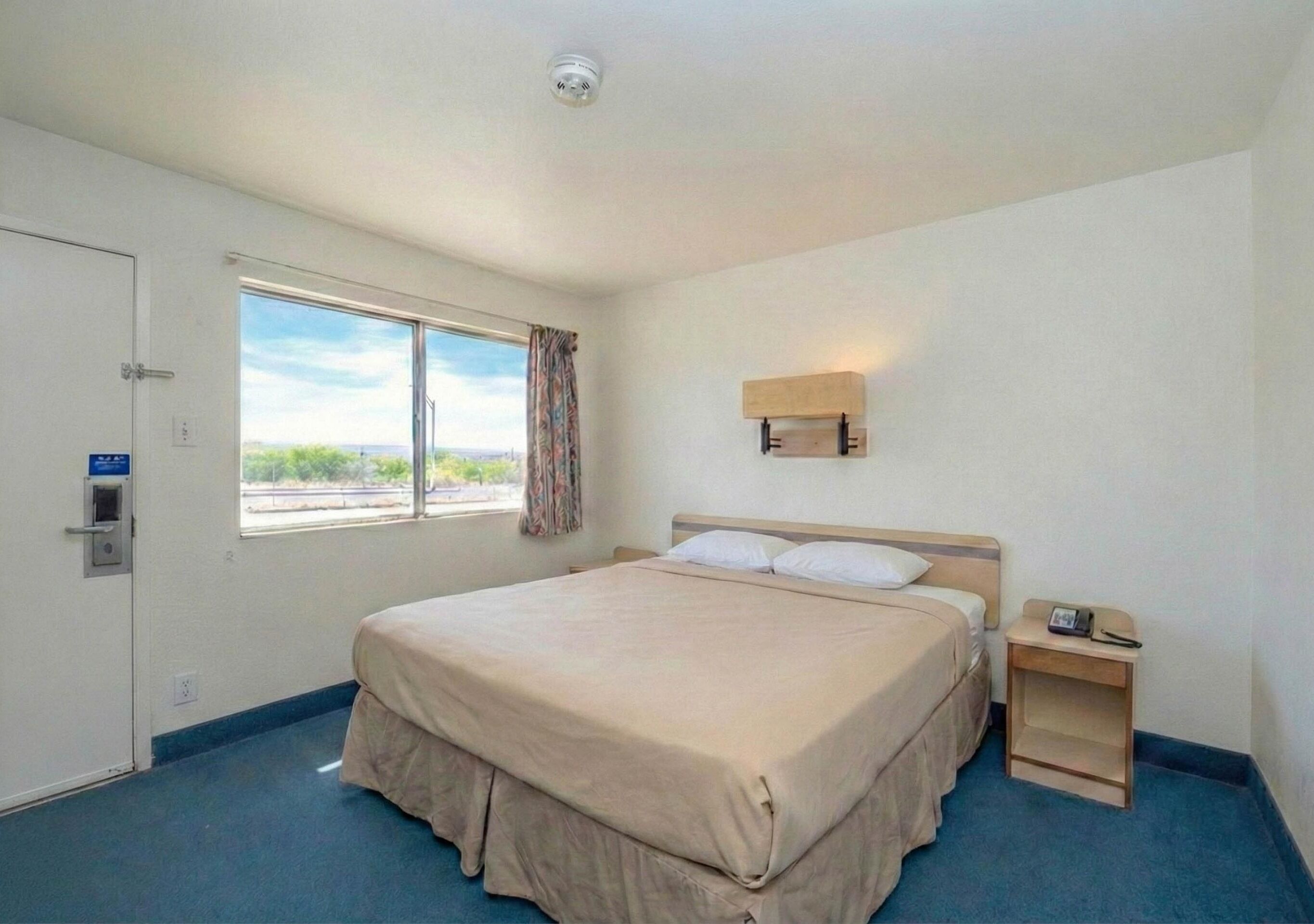Habitación de hotel con una cama grande, una mesita de noche con lámpara, una ventana con vistas y una puerta con cerradura.