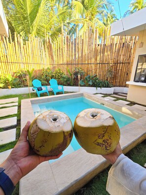 A pool area with two coconuts held by a person. - Beach Side Villa, SurfCity+Private Pool+AC+WiFi (La Libertad)