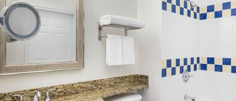 Hair dryer, towels, soap, shampoo