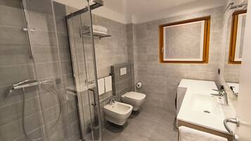 Shower, hair dryer, bidet, towels