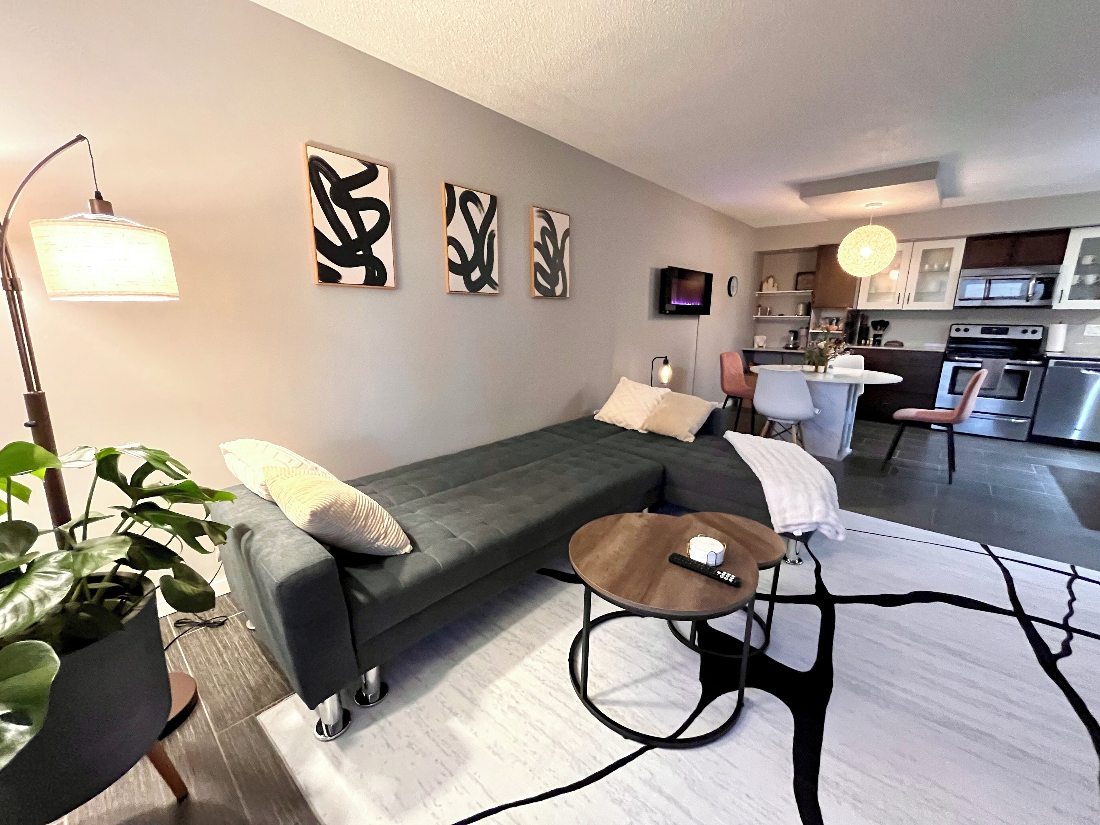 Smart TV, chimenea, libros y estéreo 