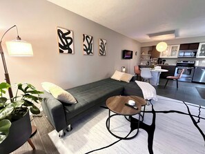 TV connectée, cheminée, livres, chaîne hi-fi