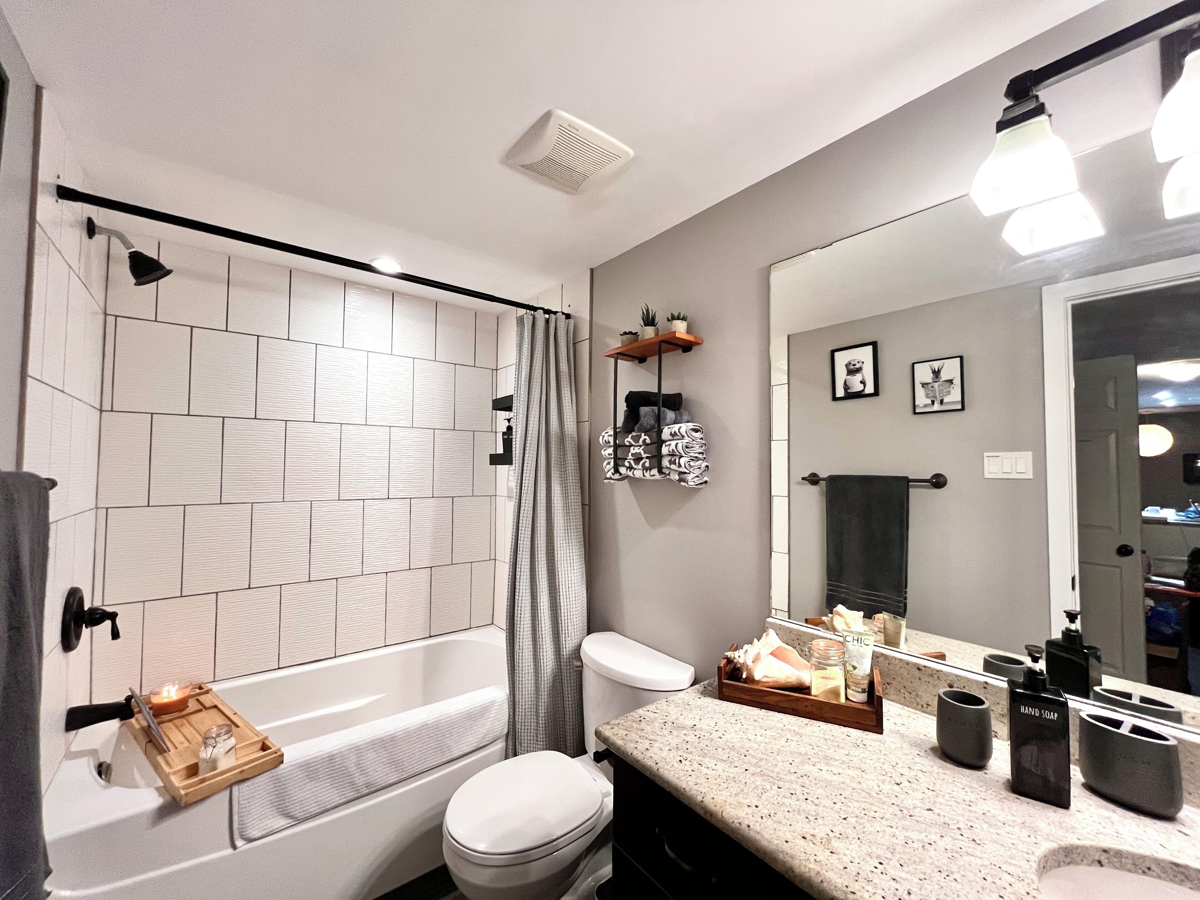 Hair dryer, towels, soap, shampoo