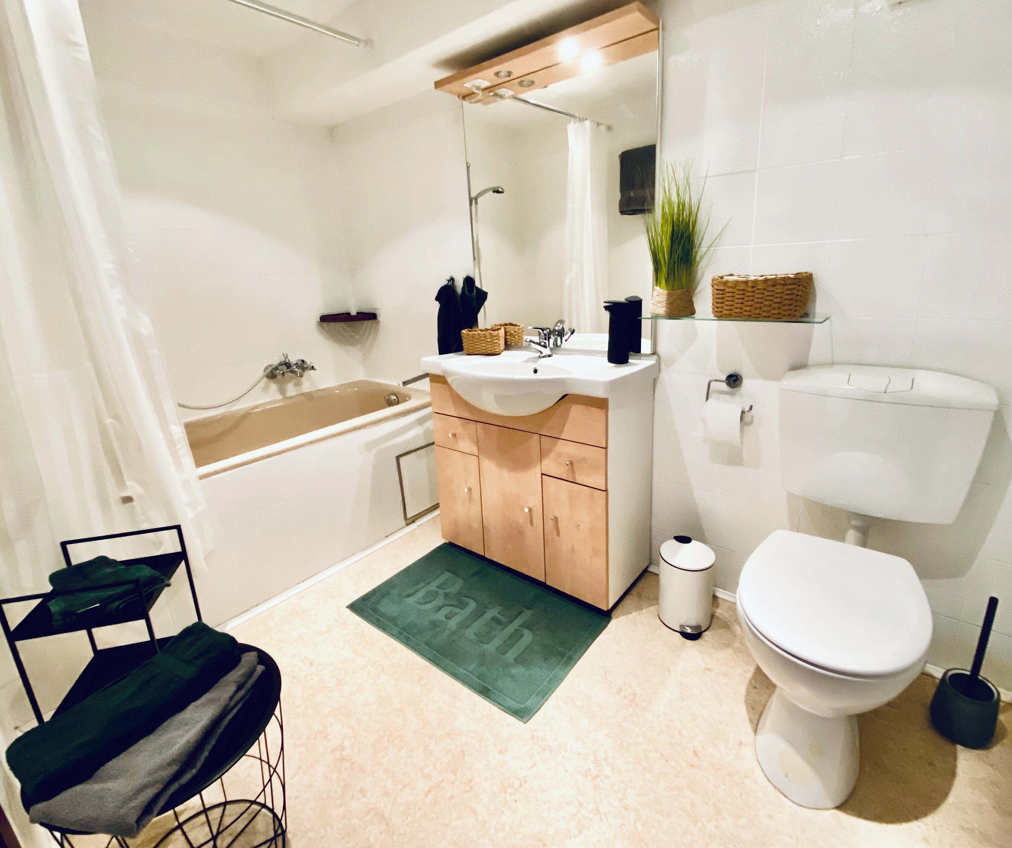 Hair dryer, towels, soap, shampoo