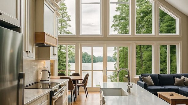 Un'ampia cucina con una grande isola, mobili in legno e vista su un lago attraverso ampie finestre.