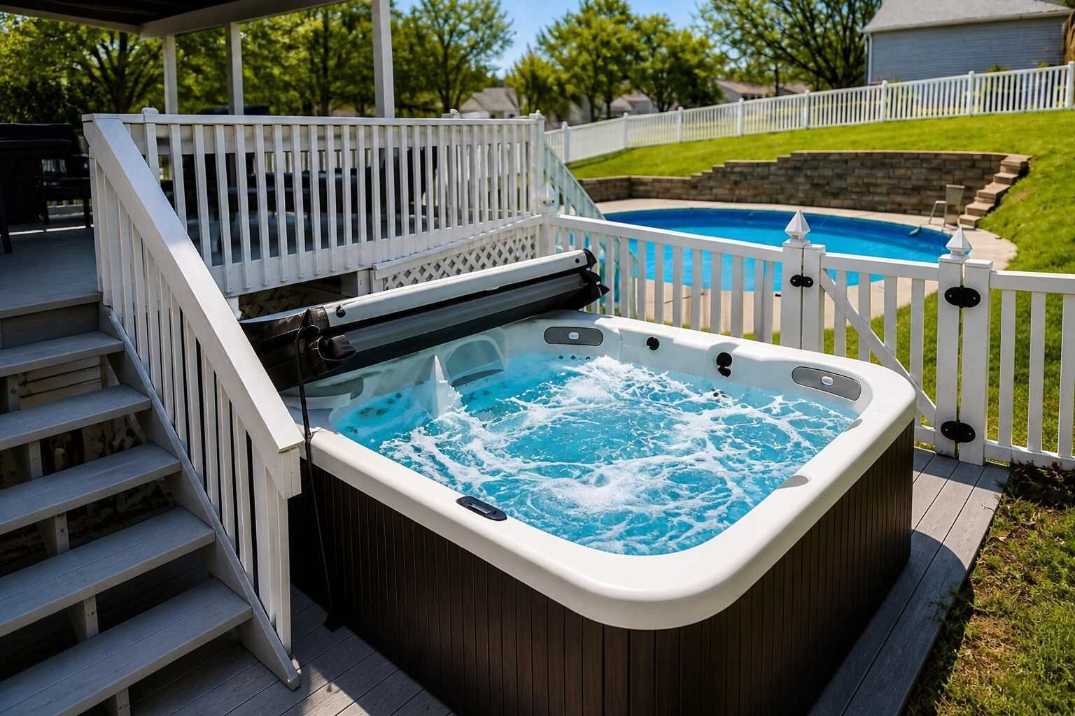 A hot tub on a wooden deck with a white railing, a pool in the background, and a grassy yard.