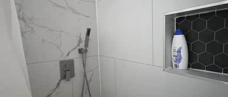 Hair dryer, towels, soap, toilet paper