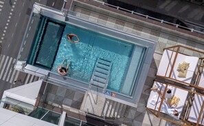 A rooftop swimming pool with a diving board, a lifeguard chair, and a lounge area with sun loungers.