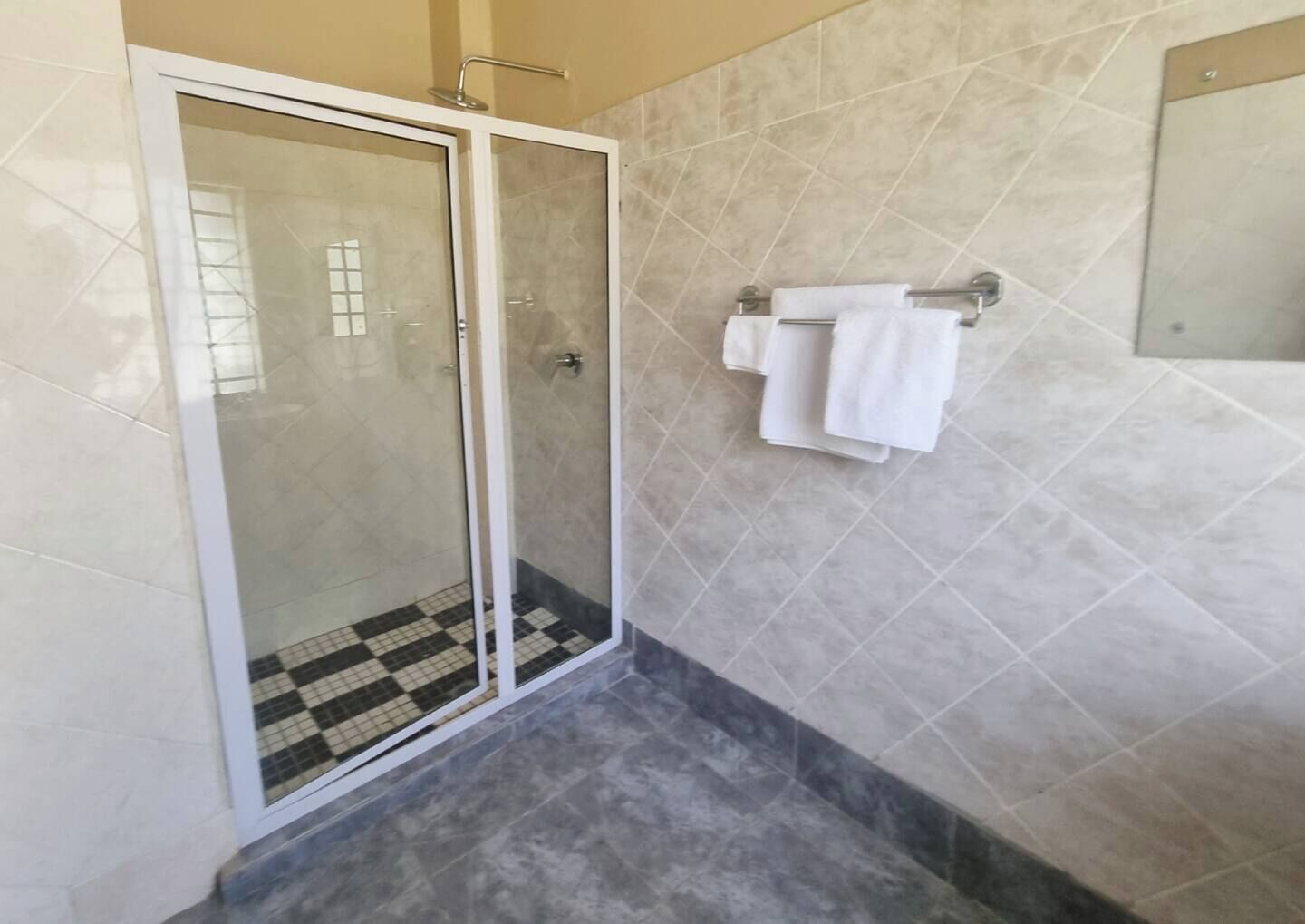 Een badkamer met een douchecabine van glas, een betegelde vloer en een handdoekrek met opgevouwen handdoeken.