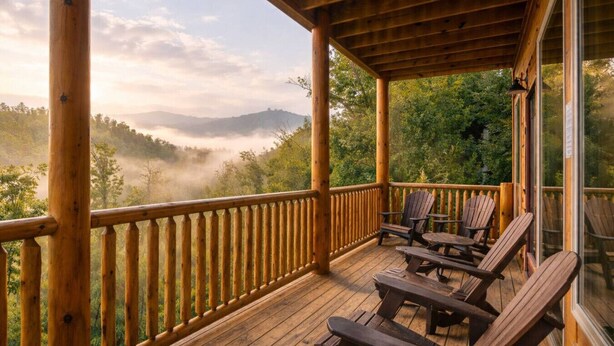 Eine Holzterrasse mit Adirondack-Stühlen und einem Tisch, mit Blick auf ein bewaldetes Tal, das von Nebel über den Hügeln bedeckt ist.