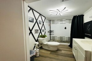 Shower, hair dryer, bidet, towels