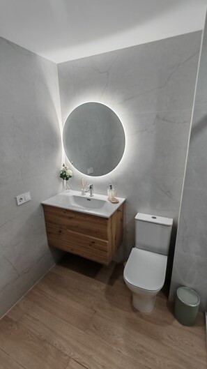 Secadora de cabello, toallas, jabón, papel de baño 