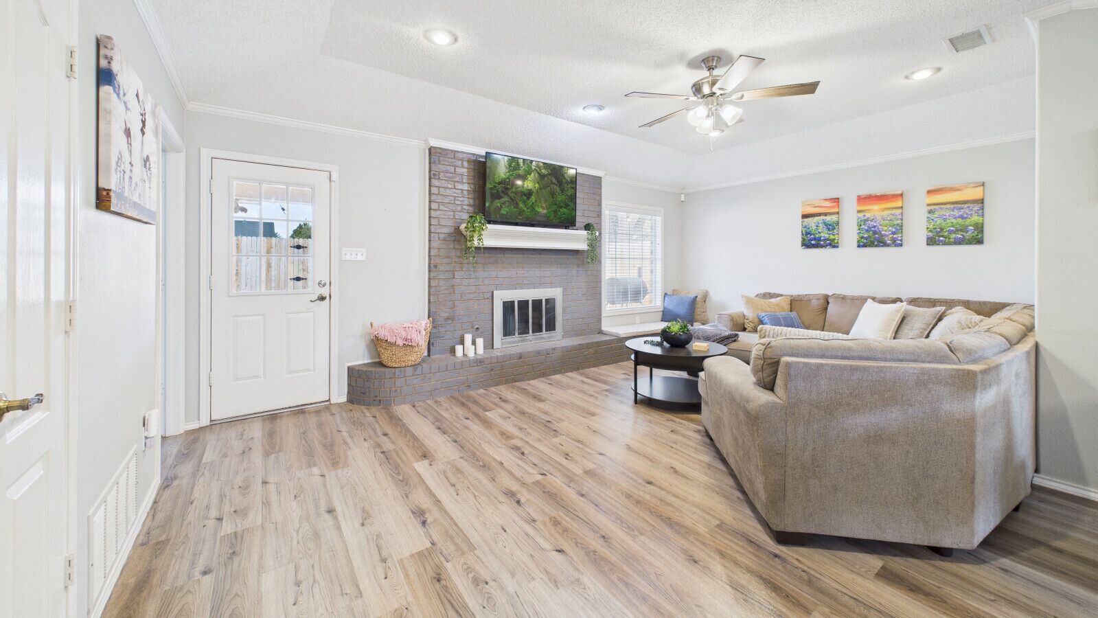 Televisión, chimenea y libros 