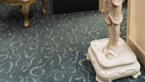 A statue on a pedestal in a room with patterned carpet, a sofa, and a glass display case with books and magazines.