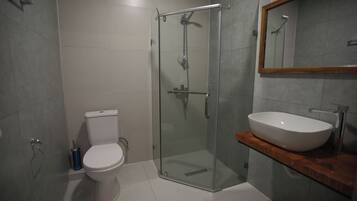 A bathroom with a glass-enclosed shower, a white toilet, and a wooden vanity with a white sink.