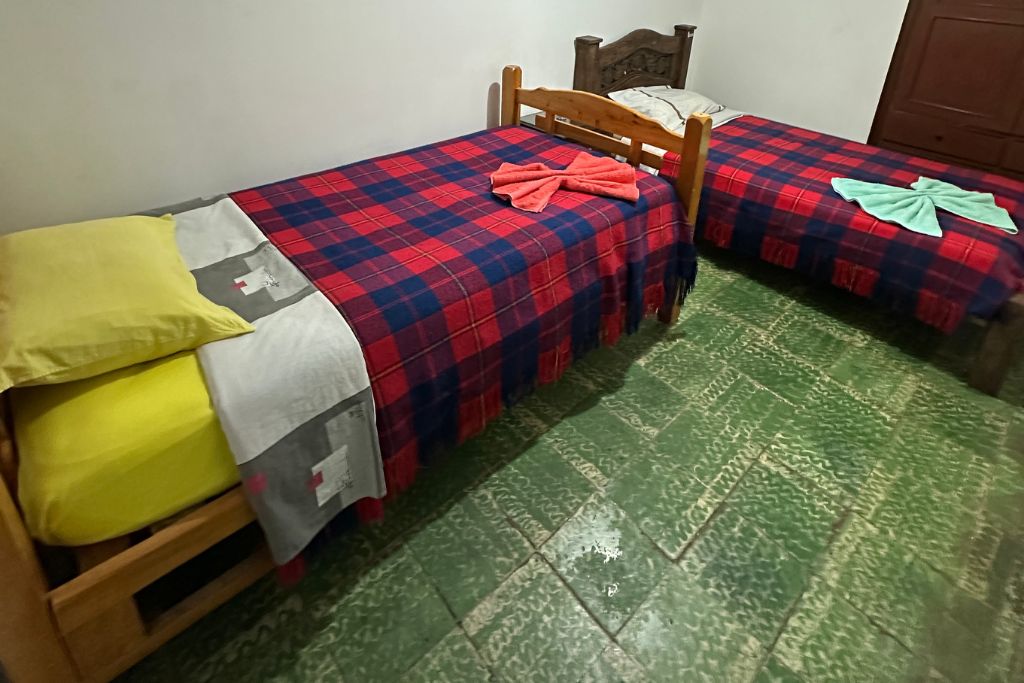 A room with two beds, each with a red and blue checkered bedspread, a wooden headboard, and a green patterned floor.