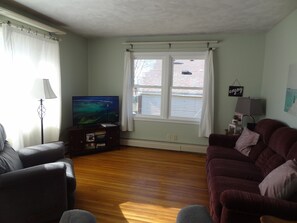 A living room with a flat-screen TV, two sofas, a lamp, and a window with curtains. - 2.5 miles to Mayo, 4 steps entry Covered By Faith (Rochester)