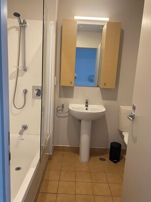 Een haardroger, handdoeken, zeep, toiletpapier