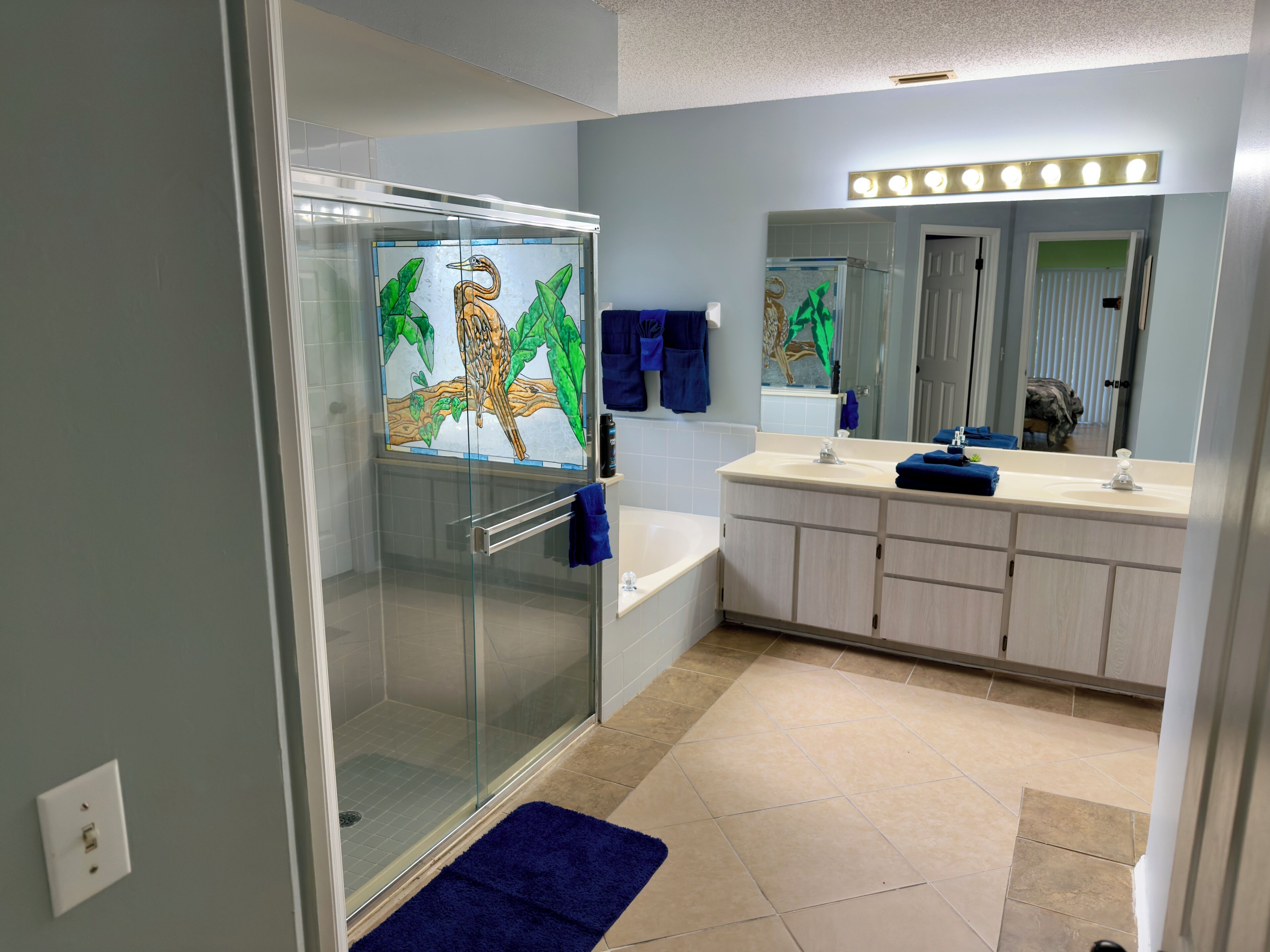 Hair dryer, towels, soap, toilet paper