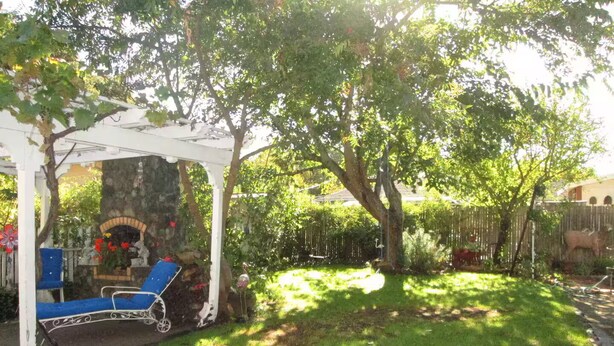 Un patio cubierto con una chimenea de piedra, sillones azules y una pérgola.