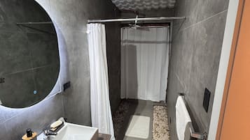 Hair dryer, towels, soap, toilet paper