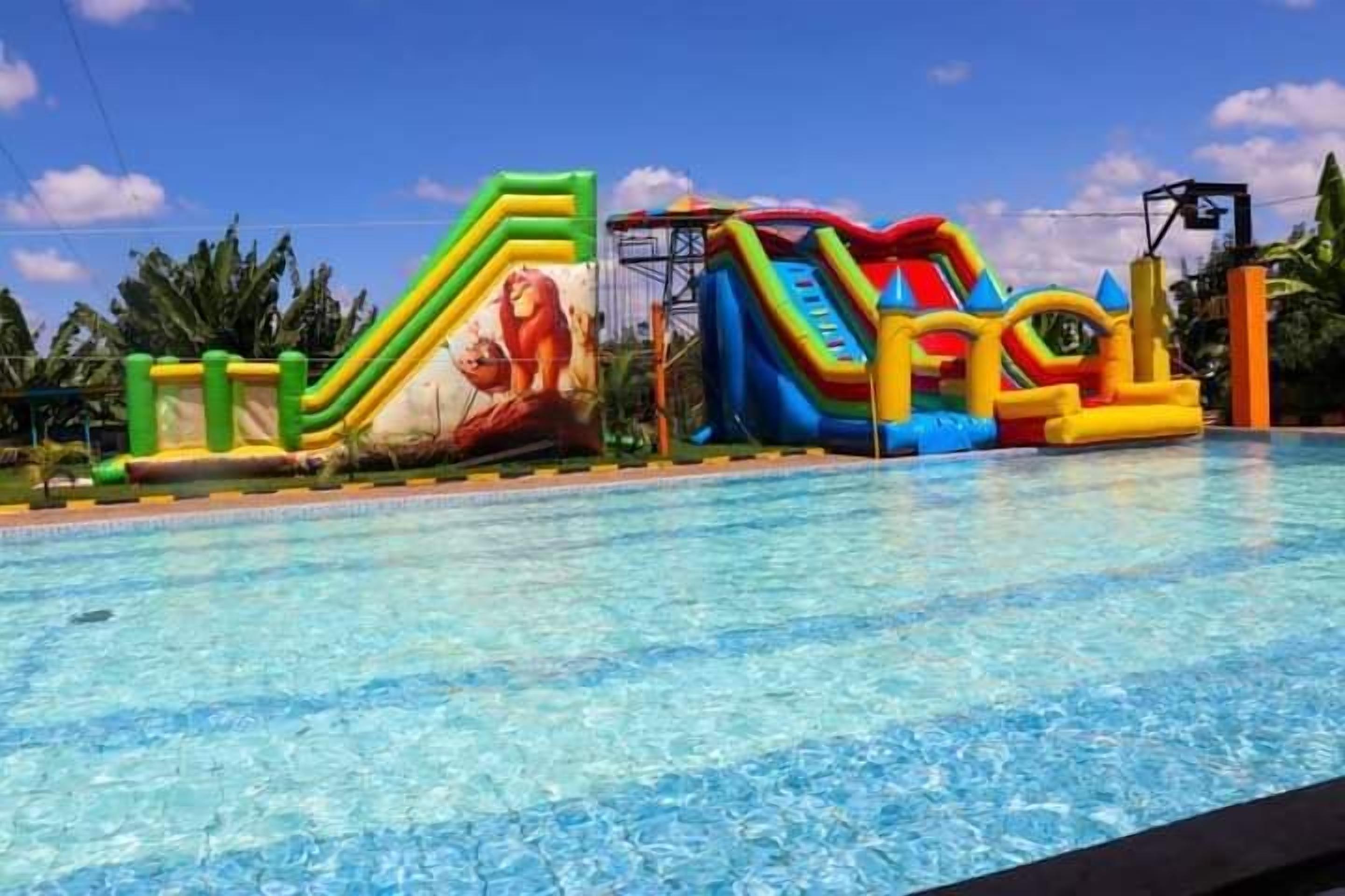 Una piscina con toboganes inflables y un mural de un león.