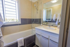 Hair dryer, towels, soap, toilet paper