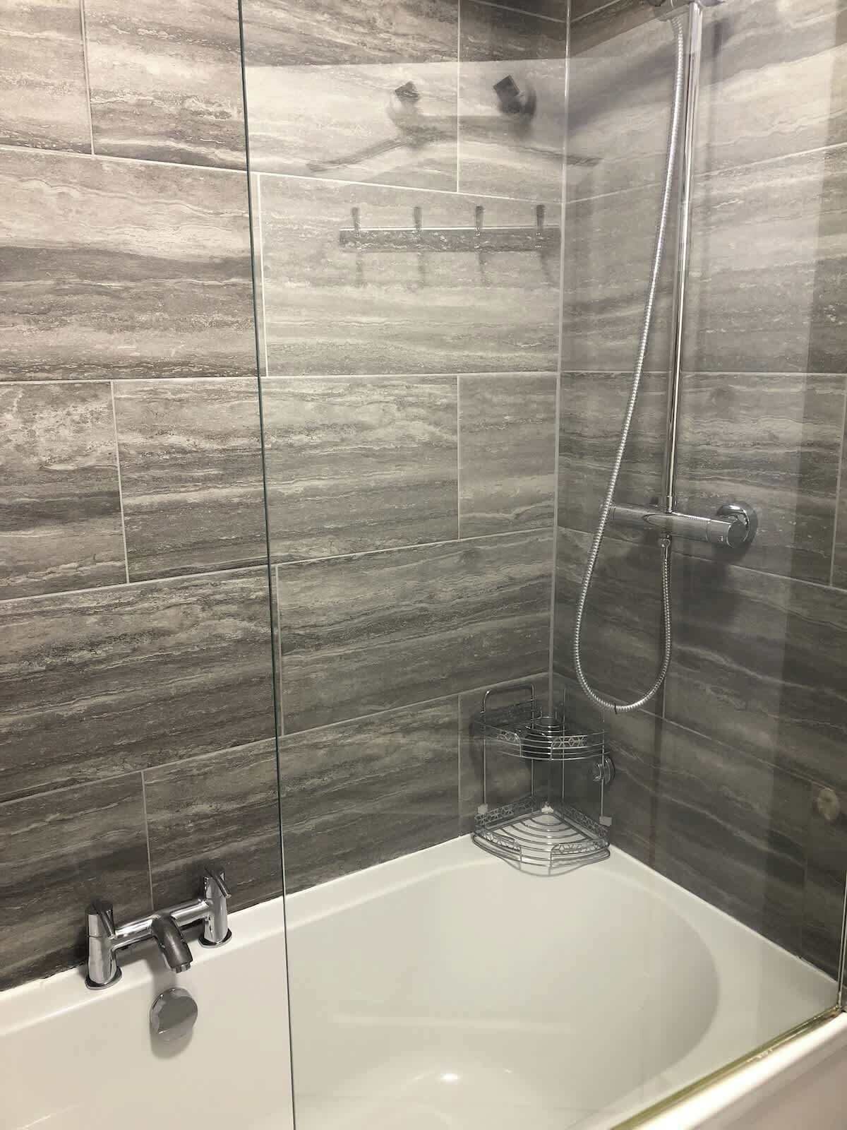 Shower, hair dryer, shampoo