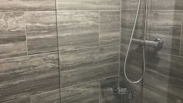 Shower, hair dryer, shampoo