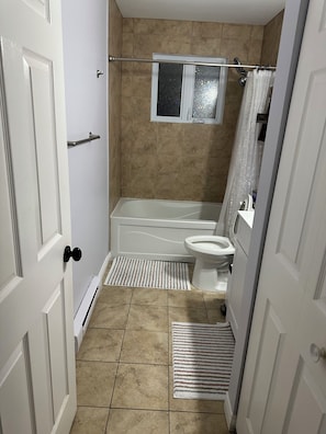 Hair dryer, towels, soap, toilet paper