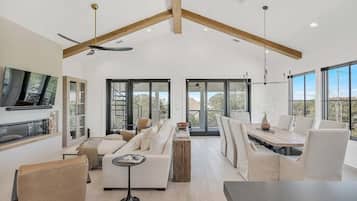 Smart TV, fireplace, books