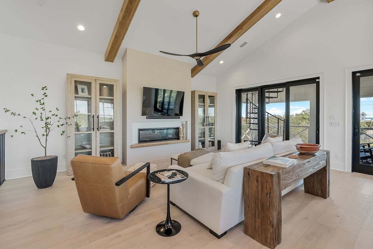 Smart TV, fireplace, books