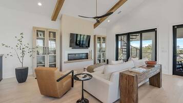 Smart TV, fireplace, books