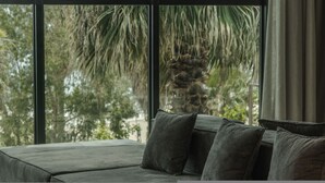 Een kamer met een groot raam, een bank met kussens en uitzicht op palmbomen en groen.