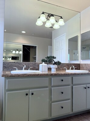 Hair dryer, towels, soap, toilet paper