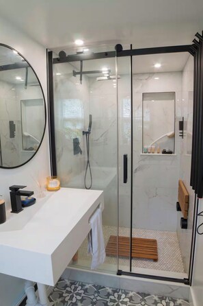 Hair dryer, towels, soap, toilet paper