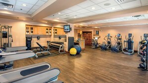 Une salle de sport équipée de tapis de course, de vélos elliptiques et de poids libres.