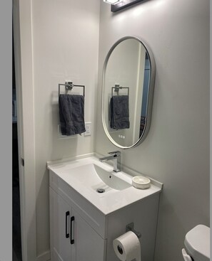 Een haardroger, handdoeken, zeep, toiletpapier