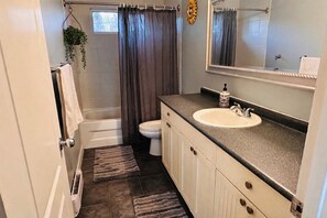 Hair dryer, towels, soap, shampoo