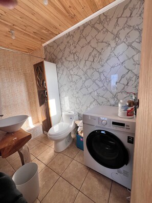 Dusche, Haartrockner, Handtücher, Shampoo