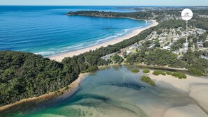 Luftaufnahme einer Küstenlandschaft mit Strand, klarem Wasser und dichtem Wald.