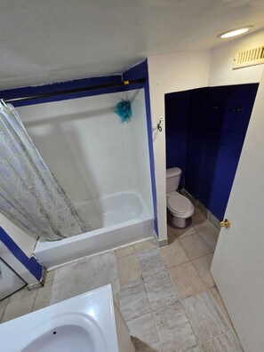 Hair dryer, towels, soap, toilet paper