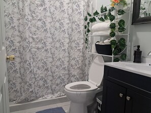 Douche, serviettes fournies, savon, papier de toilette