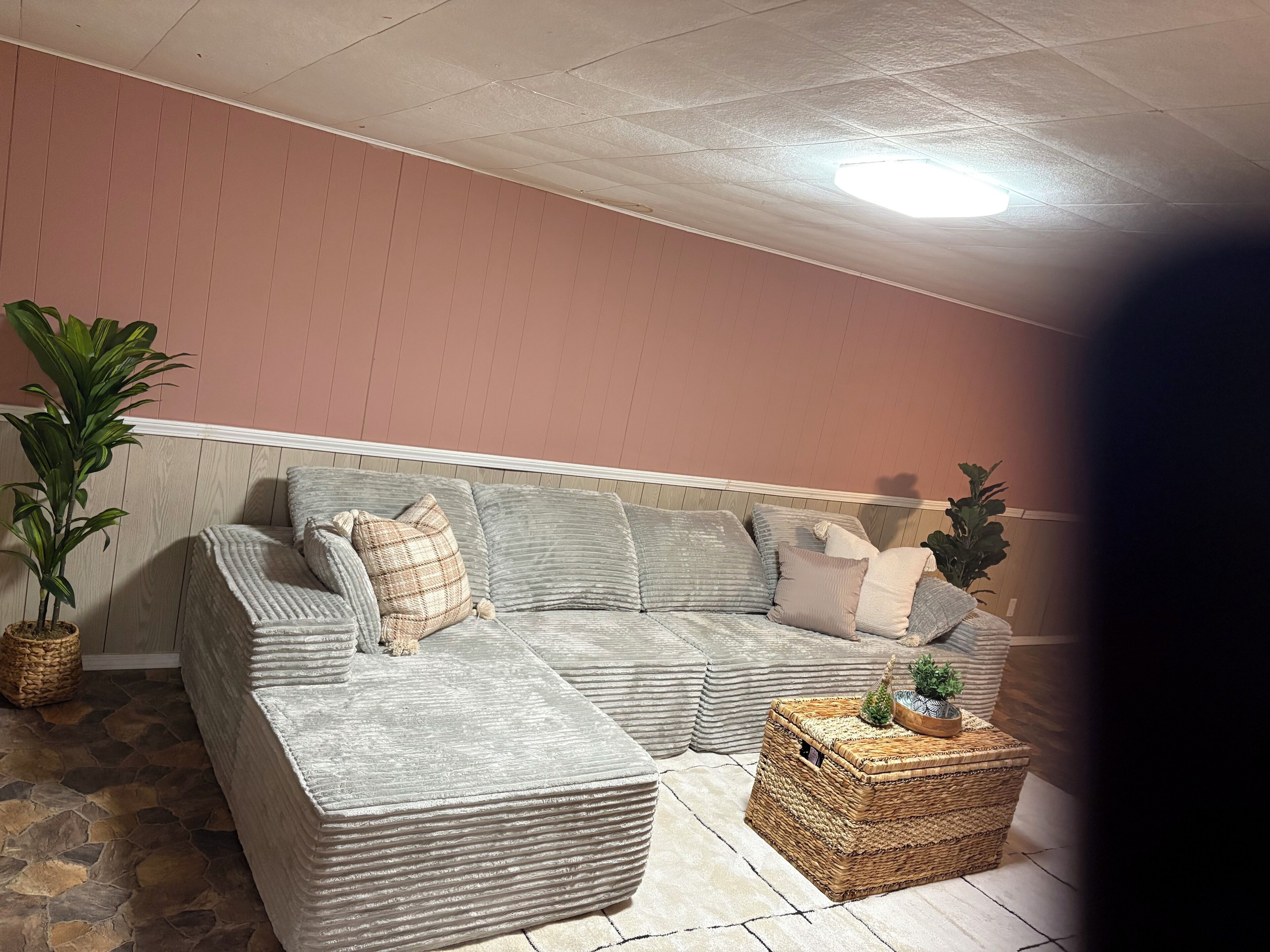 Una sala de estar acogedora con un sofá modular, una planta grande en maceta y una mesa de centro de mimbre.